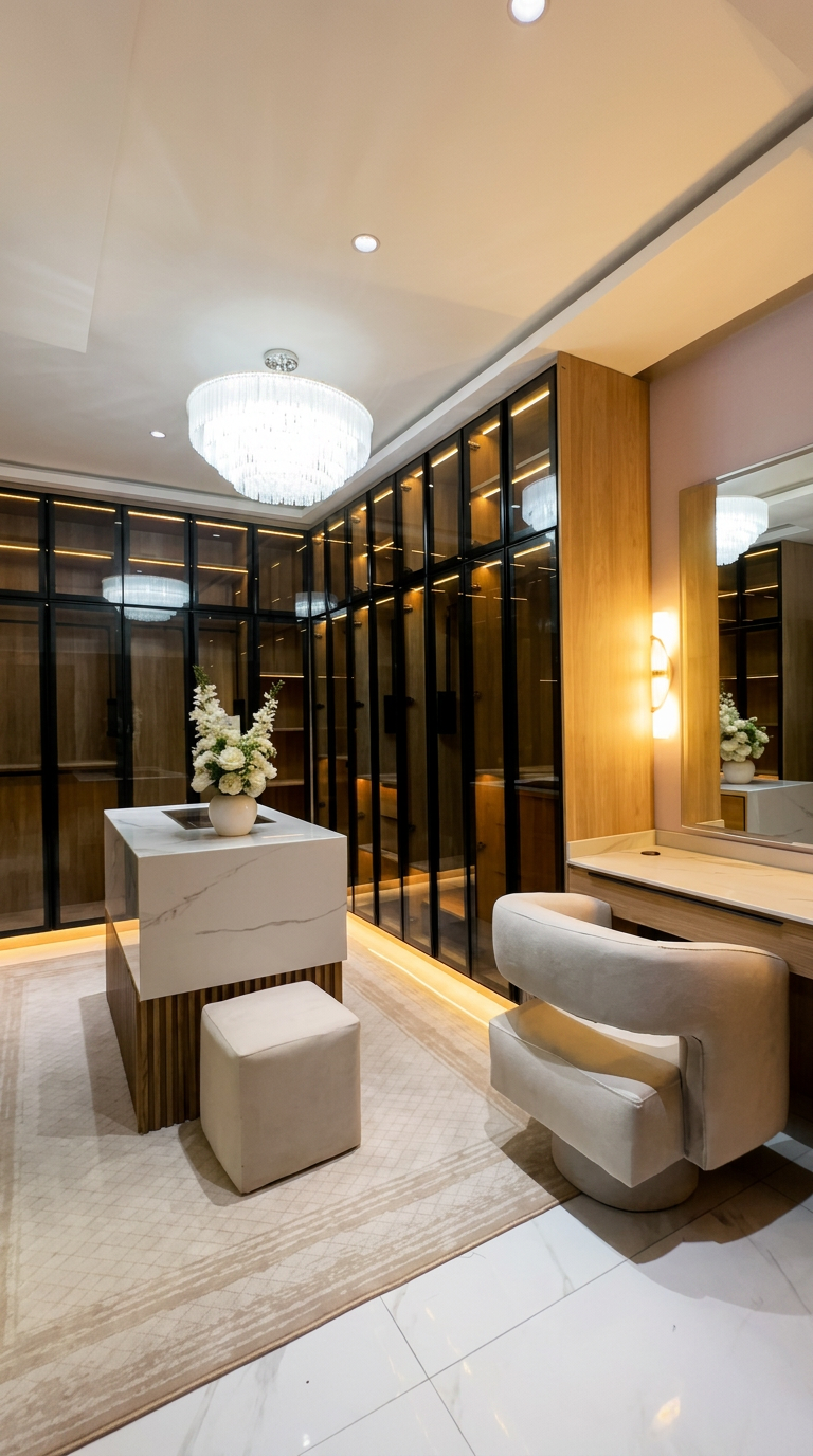 Custom walk-in closet with open shelving, hanging rails, and warm lighting