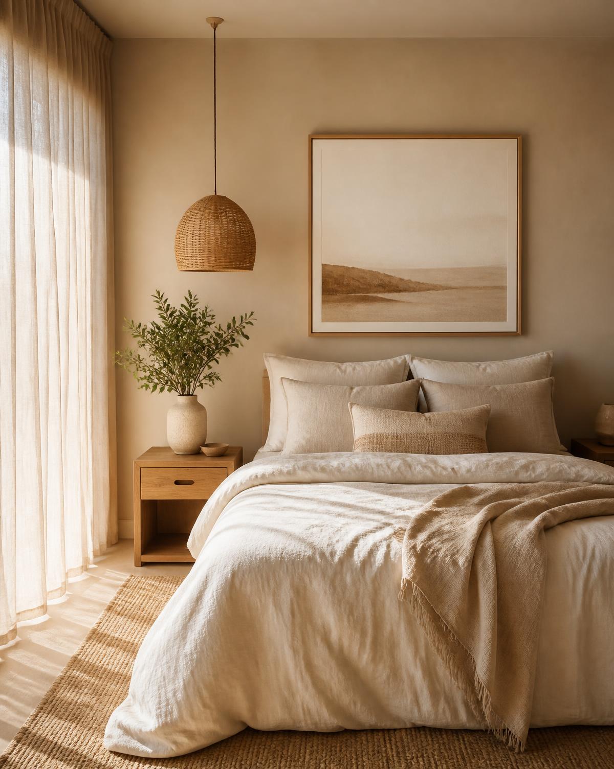 Serene bedroom with linen bedding, woven pendant light, and soft morning light