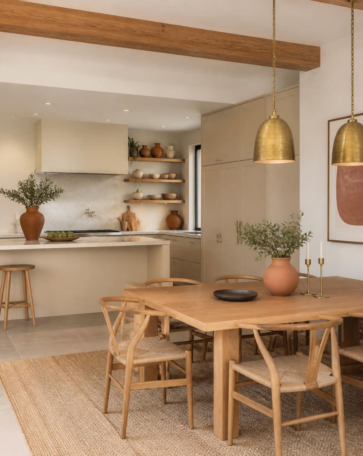 Modern kitchen and dining area with oak table, brass pendants, and sandy cabinets