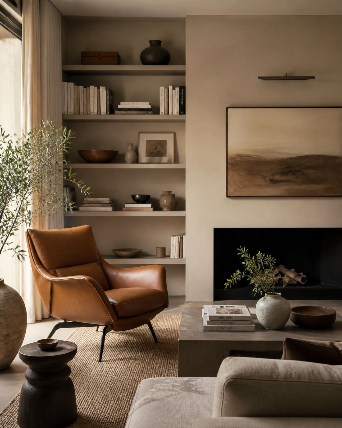 Cozy living room with built-in shelving, leather armchair, and warm neutral tones